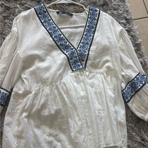 Zara White Blouse with Blue Embroidery